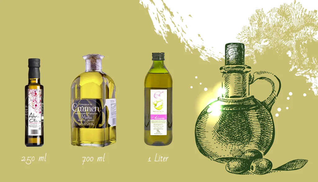 Drei Olivenölflaschen — 250 ml Alva Oliva, 700 ml Carmen und ein Liter Alvarez —, daneben eine gezeichnete Ölkanne.