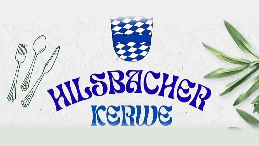 Hilsbacher Wappen über dem Schriftzug „Hilsbacher Kerwe“, daneben Besteck und ein Olivenzweig.