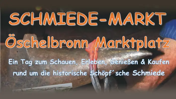 „Schmiede-Markt Öschelbronn Marktplatz“ in orangen Buchstaben über einem Schmied am Amboss.