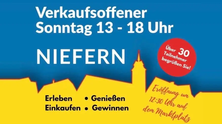 „Verkaufsoffener Sonntag 13 – 18 Uhr, Niefern“ in Weiß auf Blau über einer gelben Silhouette des Ortes.